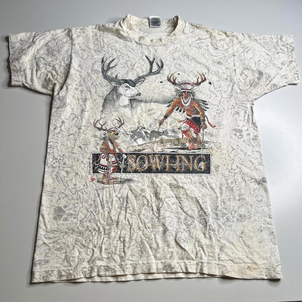 Vintage 90s Native American Deer Spirit All Over Print T-Shirt XL Mammoth Cave